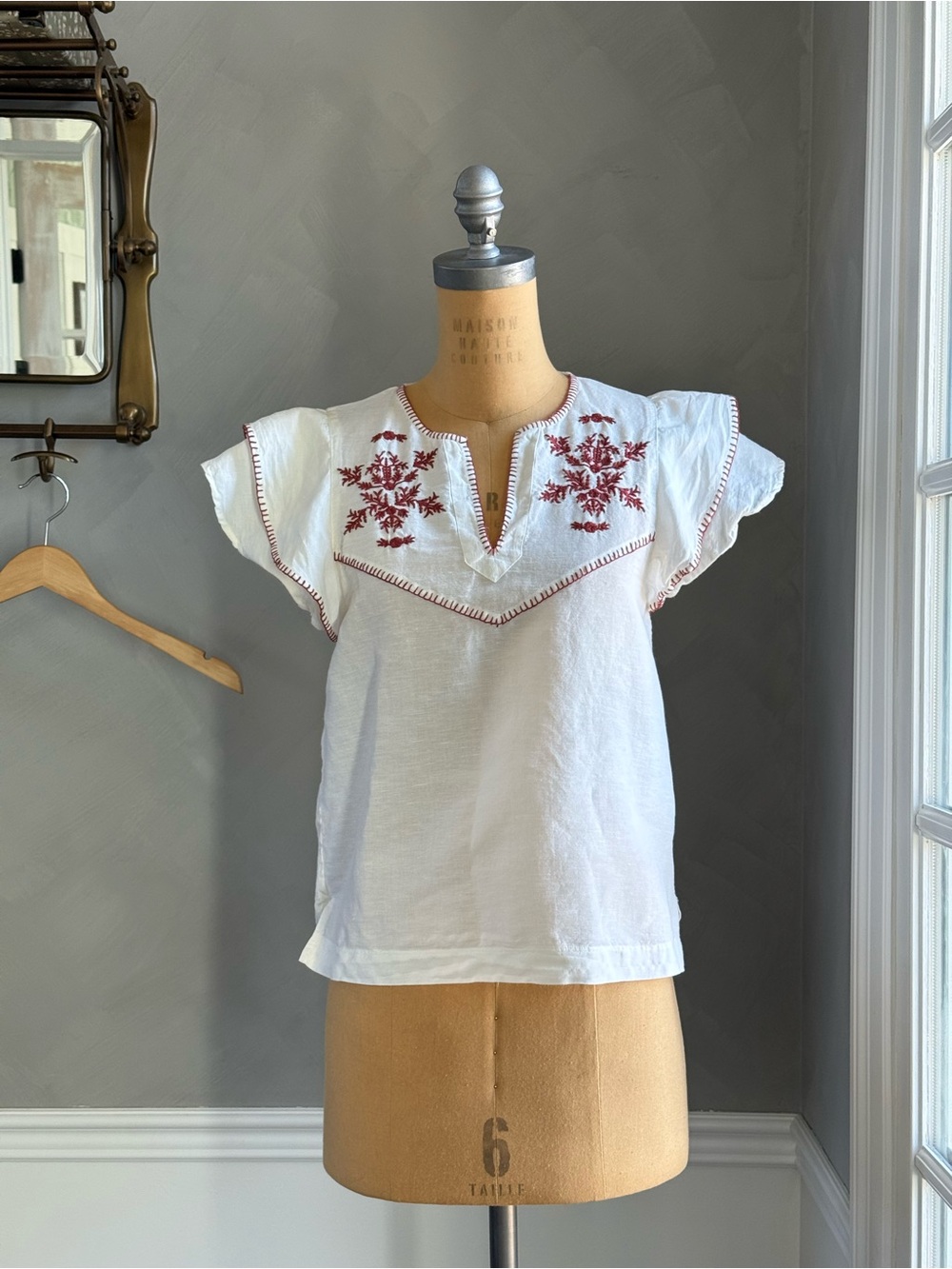 White Embroidered Flutter-Sleeve Blouse with Red Floral Detail